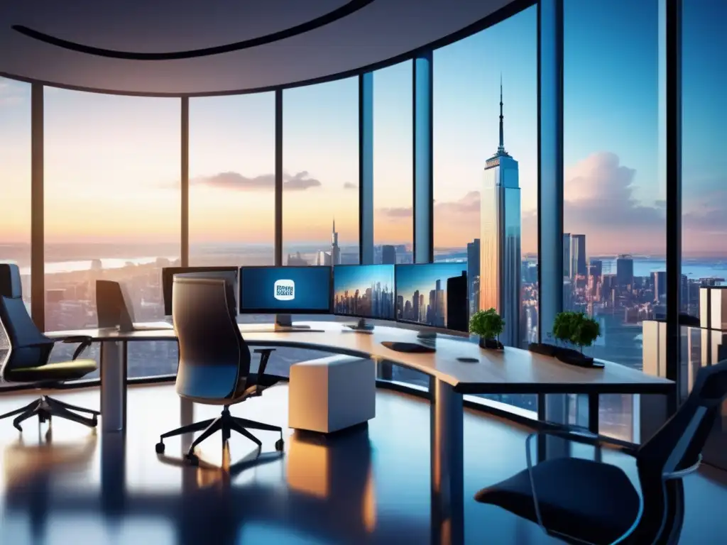 Oficina moderna con vista panorámica Espacio de trabajo moderno con vista a la ciudad y profesionales enfocados en estrategias de inversión en noticias