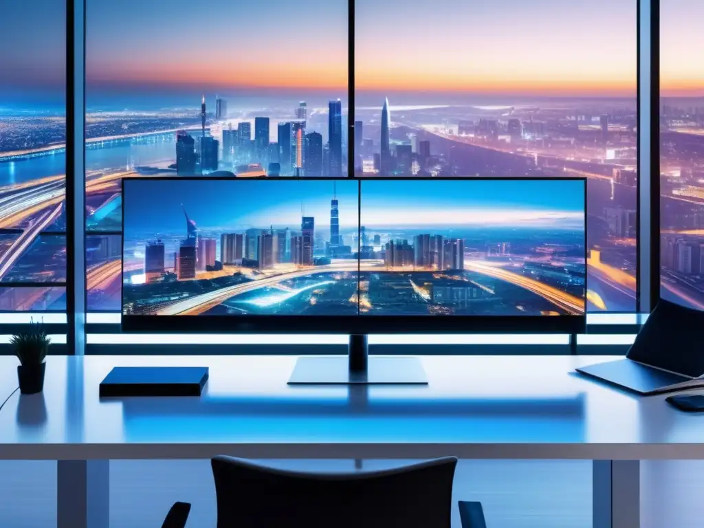 Espacio de trabajo moderno en la ciudad Espacio de trabajo moderno con vista panorámica de la ciudad