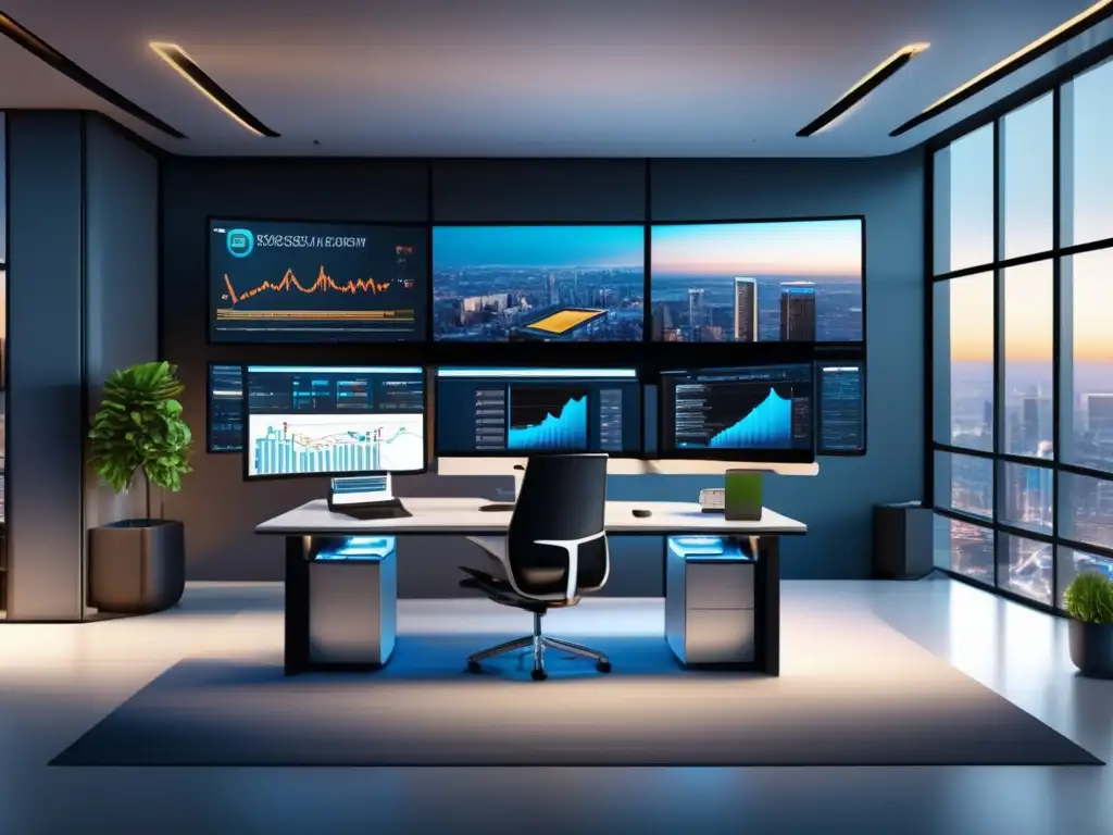 Oficina moderna y sofisticada Espaciosa y moderna oficina con escritorio organizado, computadora de alta tecnología y vista panorámica de la ciudad