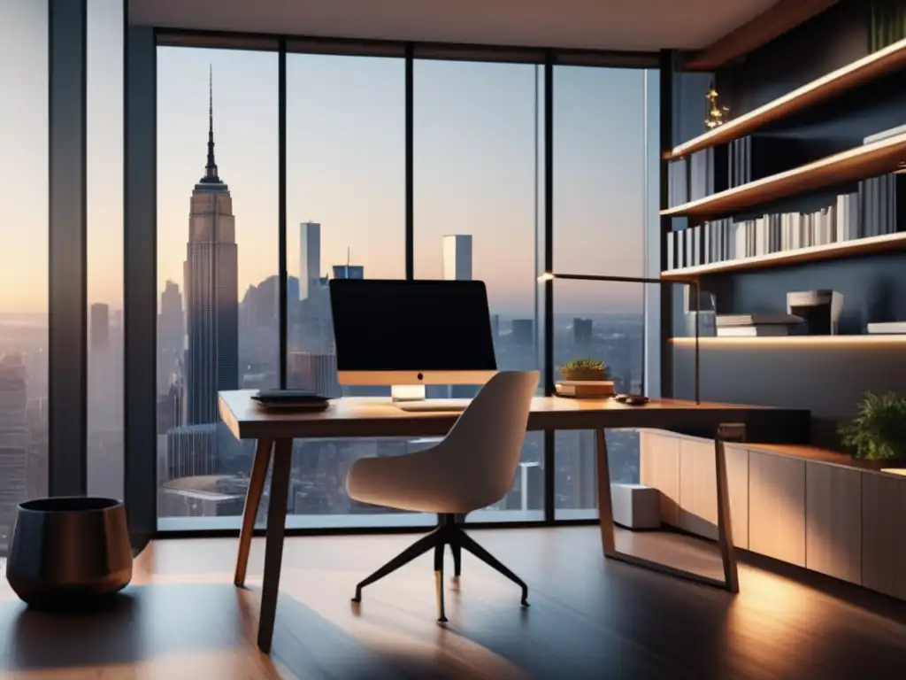 Elegante oficina en casa Espaciosa oficina en casa con vista panorámica de la ciudad, escritorio minimalista de madera, libros sobre inversión exitosa y taza de café