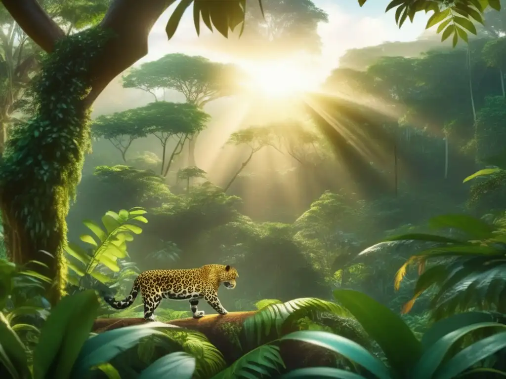 Biodiversidad en el bosque: jaguar, monos, aves Un espectacular amanecer en una exuberante selva tropical, con follaje verde vibrante y una diversidad de especies animales
