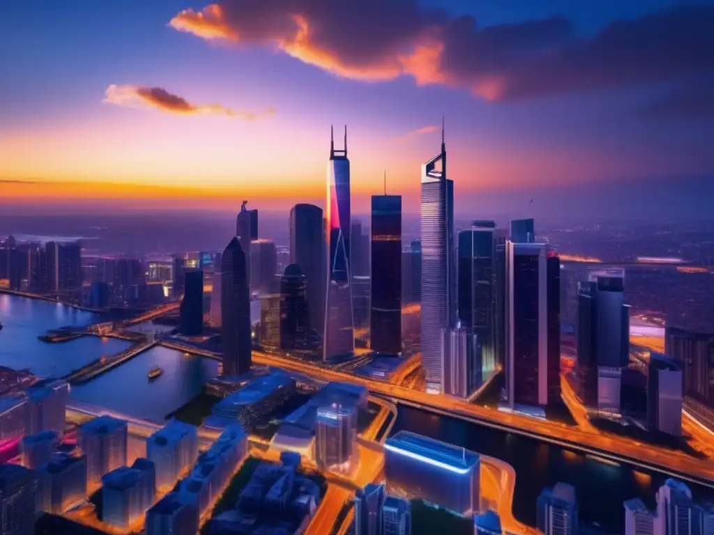 Ciudad moderna al atardecer, con rascacielos y luces vibrantes Espectacular ciudad al atardecer, reflejando el próspero mercado inmobiliario y el potencial del flipping