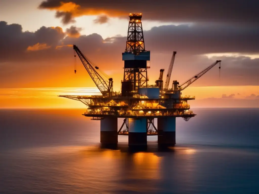 Majestuoso atardecer en una plataforma petrolera offshore Espectacular vista aérea de una plataforma petrolera mar adentro al atardecer