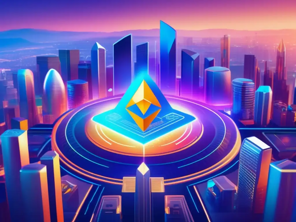 Futuro digital: estabilidad y seguridad en stablecoins Estabilidad y seguridad de stablecoins en un paisaje digital futurista con rascacielos de símbolos blockchain rodeados de un campo de fuerza protector