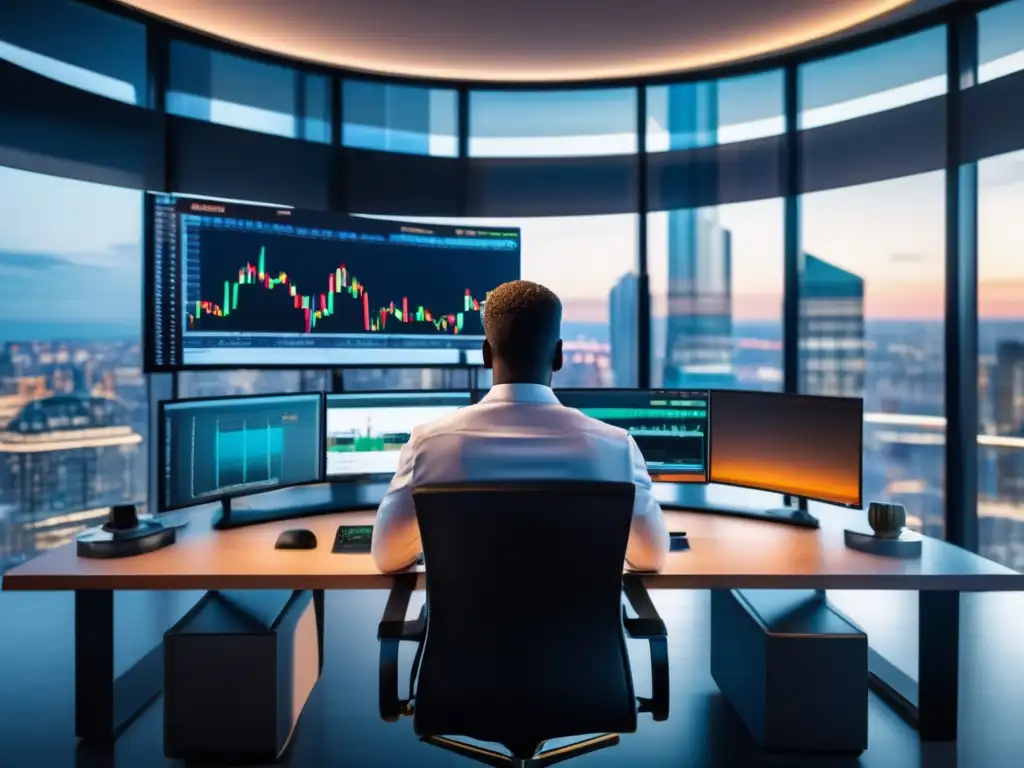 Trader profesional en oficina moderna Trader estable enfocado en trading con estrategias emocionales en moderna oficina con vista y plantas