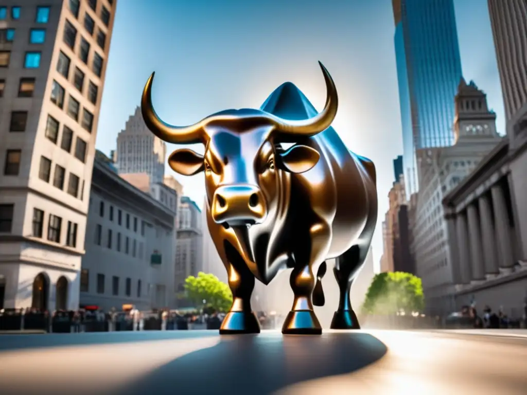 Wall Street bull statue against skyscrapers Estatua del toro de Wall Street en NY, símbolo de poder y riqueza