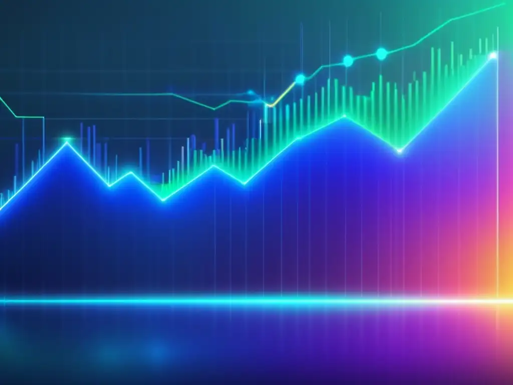 Gráfica precisa del oscilador estocástico Precisión estocástica en finanzas: gráfico futurista de líneas fluctuantes y colores vibrantes refleja análisis financiero