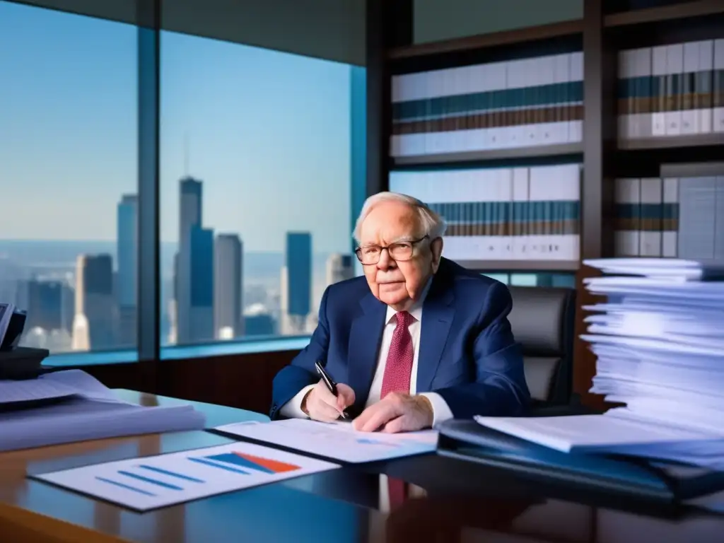 Warren Buffett analizando informes financieros Estrategia Buffett: Análisis Portafolio Leyenda