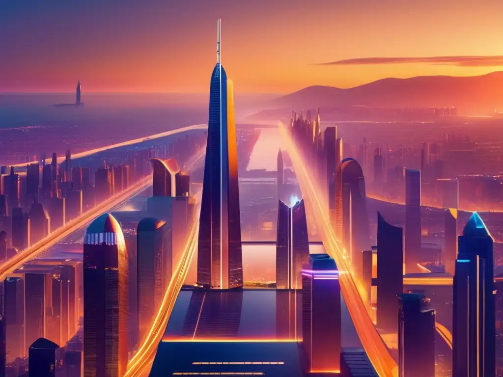 Ciudad futurista con diversificación Estrategia de diversificación financiera en una ciudad futurista al anochecer con rascacielos, diversidad arquitectónica y sectores especializados