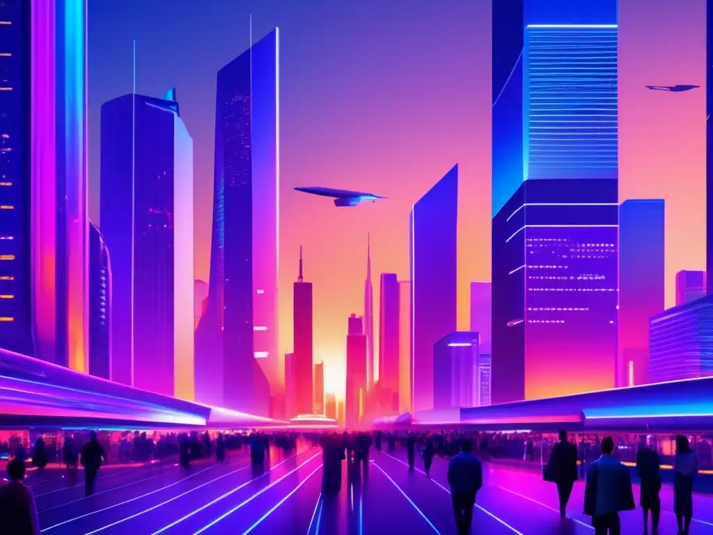 Futuro ciudad financiera en atardecer Estrategia de diversificación financiera en una ciudad futurista al atardecer, con rascacielos de cristal reflejando los colores del atardecer