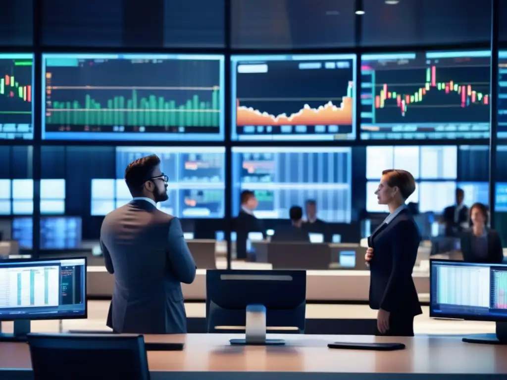 Piso de operaciones de bolsa moderno y dinámico Estrategia de diversificación financiera en moderna sala de trading