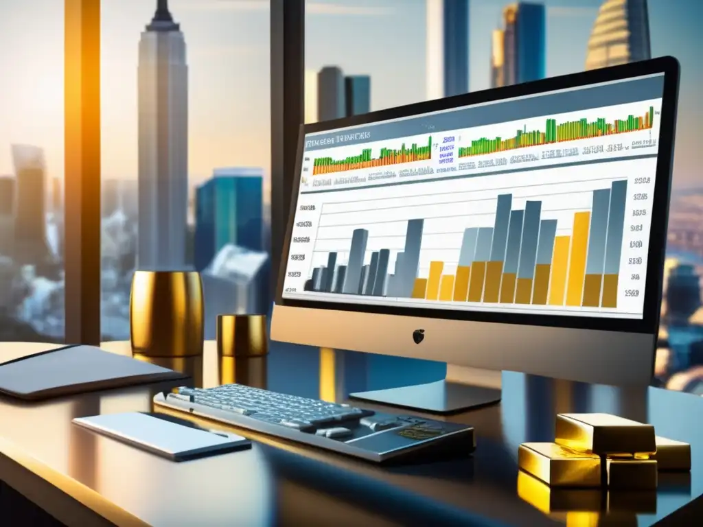 Oficina moderna con escritorio ordenado y gráfica financiera Estrategia fiscal metales preciosos inversor: Oficina moderna con gráfica financiera y metales preciosos