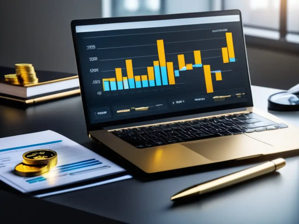 Escritorio moderno con laptop, oro y gráfico Estrategia fiscal metales preciosos inversor: Oficina moderna con laptop, barras de oro y lupa en gráfico de precios