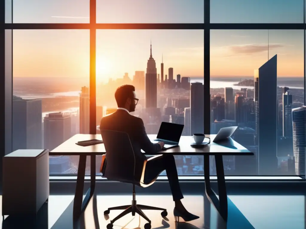 Oficina moderna con vista panorámica y escritorio elegante Estrategia fiscal personalizada inversor en oficina moderna