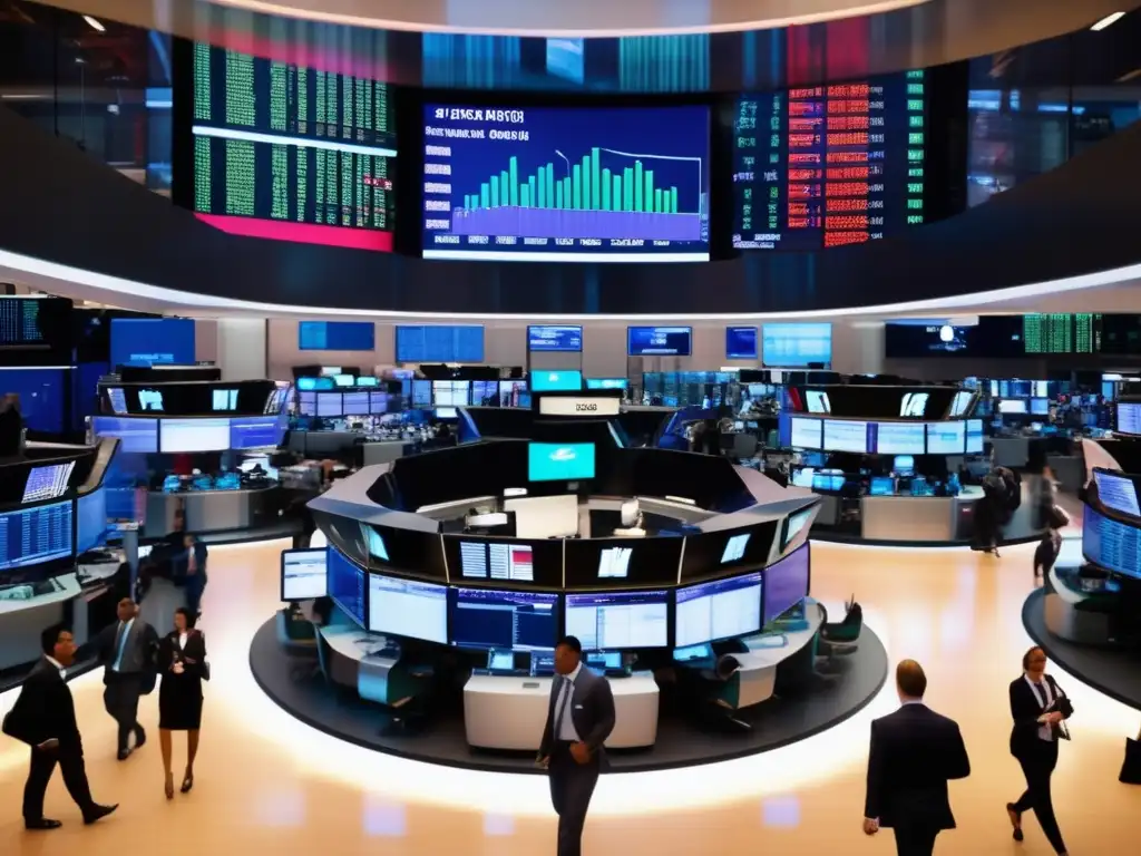 Traders en agitada bolsa de valores Estrategia de inversión internacional en una bulliciosa bolsa de valores con traders ocupados y pantallas mostrando datos financieros en tiempo real