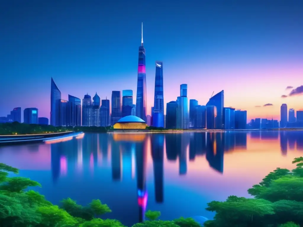 Ciudad futurista con rascacielos y río Estrategia de inversión internacional en una ciudad futurista al atardecer
