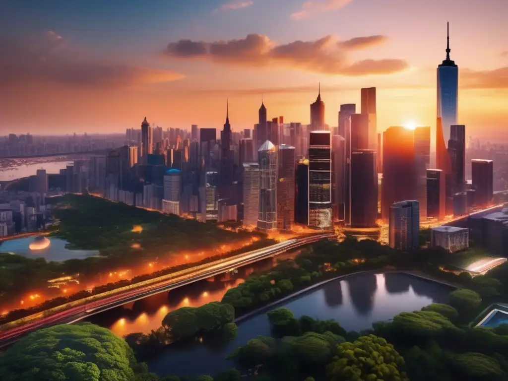 Metrópolis vibrante al atardecer Estrategia de inversión internacional en una metrópolis impresionante al atardecer