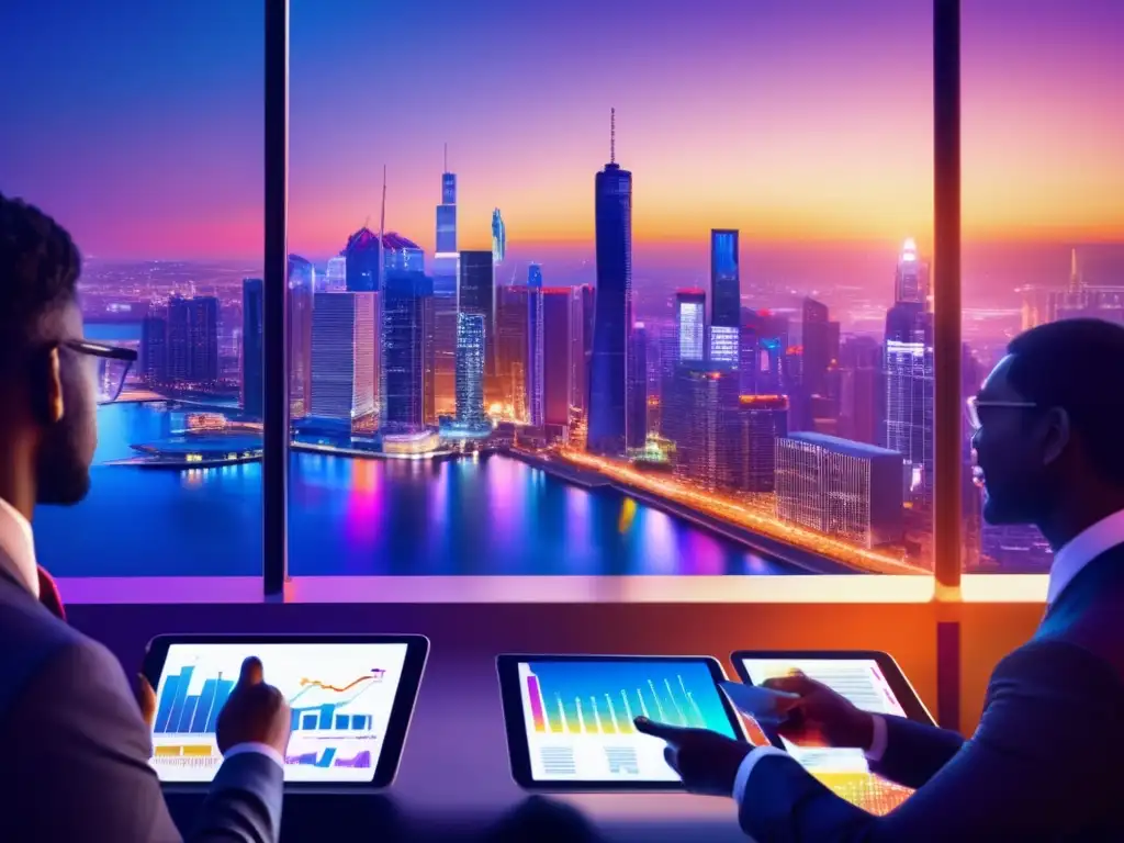 Ciudad moderna al atardecer, con profesionales analizando gráficos y datos Estrategia de inversión en acciones de energía: Ciudad moderna con rascacielos iluminados, profesionales analizando gráficos en tablets