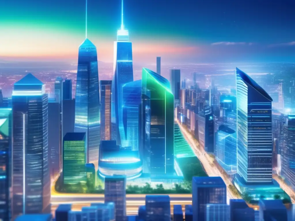 Ciudad nocturna vibrante con profesionales discutiendo Estrategia de inversión en acciones de energía - Ciudad nocturna ultradetallada con rascacielos iluminados en tonos vibrantes de azul y verde