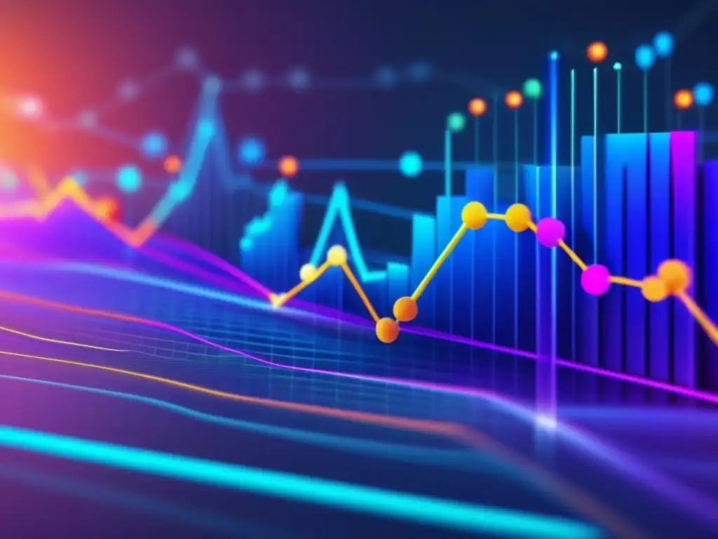Red interconectada de gráficos y datos financieros Fortalecer estrategia inversión con correlación: gráficos y colores vibrantes representan la compleja red de activos interconectados