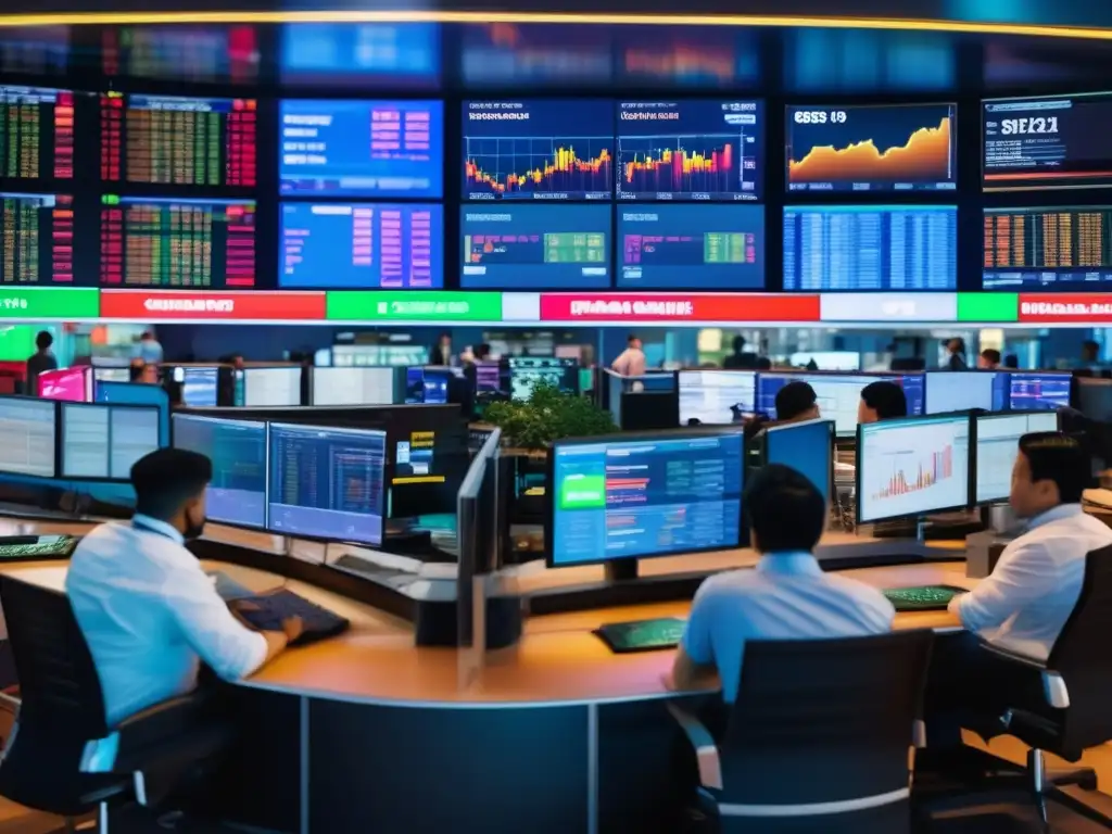 Mercado financiero global y diverso Estrategia inversión divisas: Mercado financiero global con múltiples monedas, traders y pantallas mostrando tasas cambio y gráficos