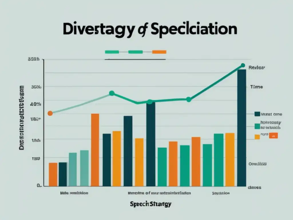 Estrategias de diversificación y especialización Estrategia de inversión ganadora: gráfica de diversificación y especialización con colores vibrantes, símbolos financieros y datos de mercado