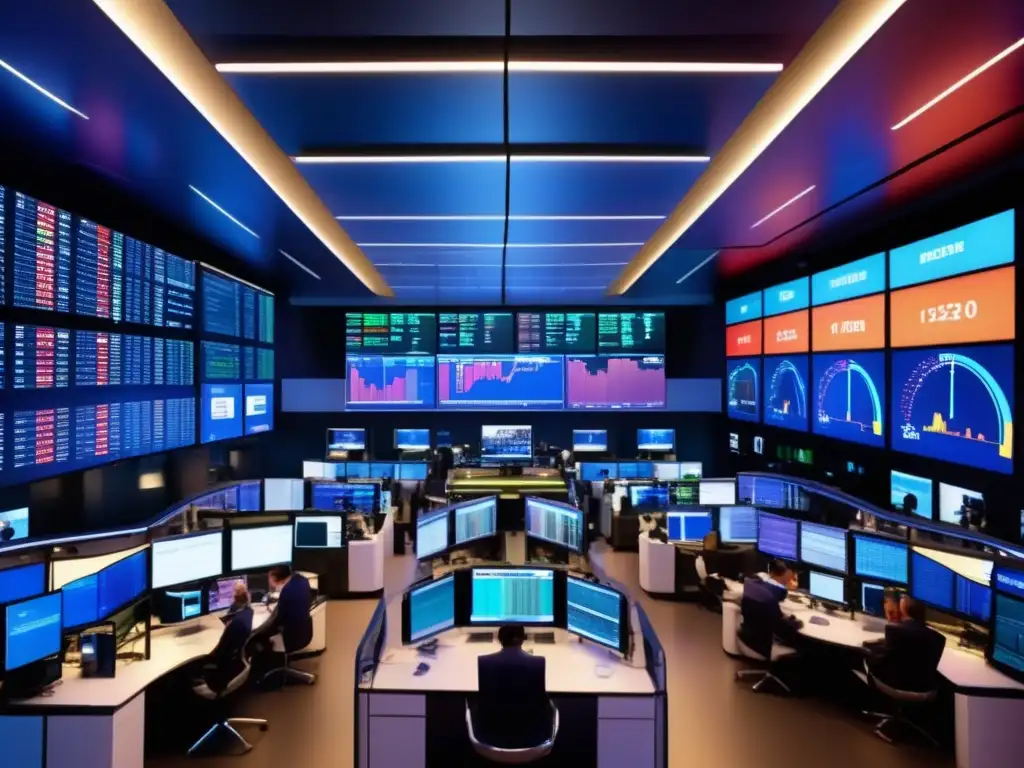 Piso de comercio de commodities vibrante y moderno Estrategia de inversión en materias primas: Un vibrante y detallado piso de trading de commodities, con monitores y gráficos en tiempo real