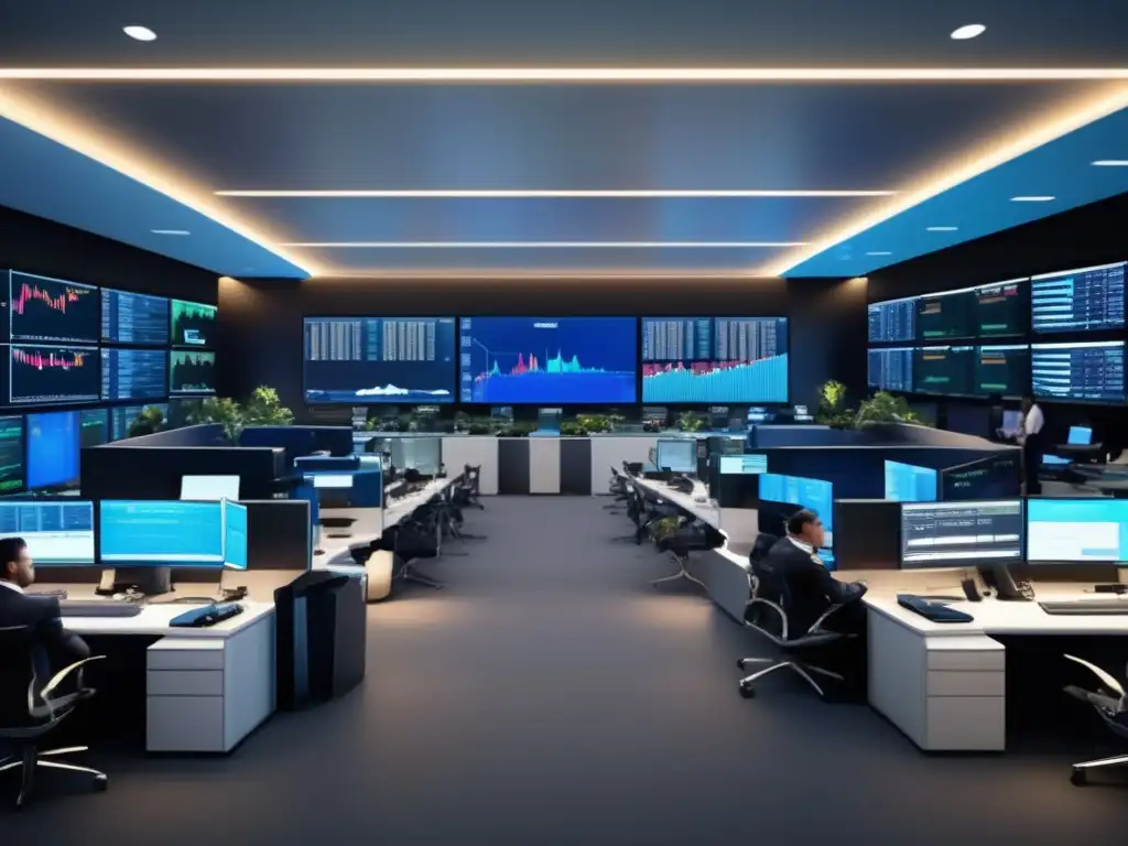 Moderna sala de trading con operadores y tecnología avanzada Estrategia de inversión en materias primas: Trading floor moderno y dinámico con traders analizando datos y tomando decisiones