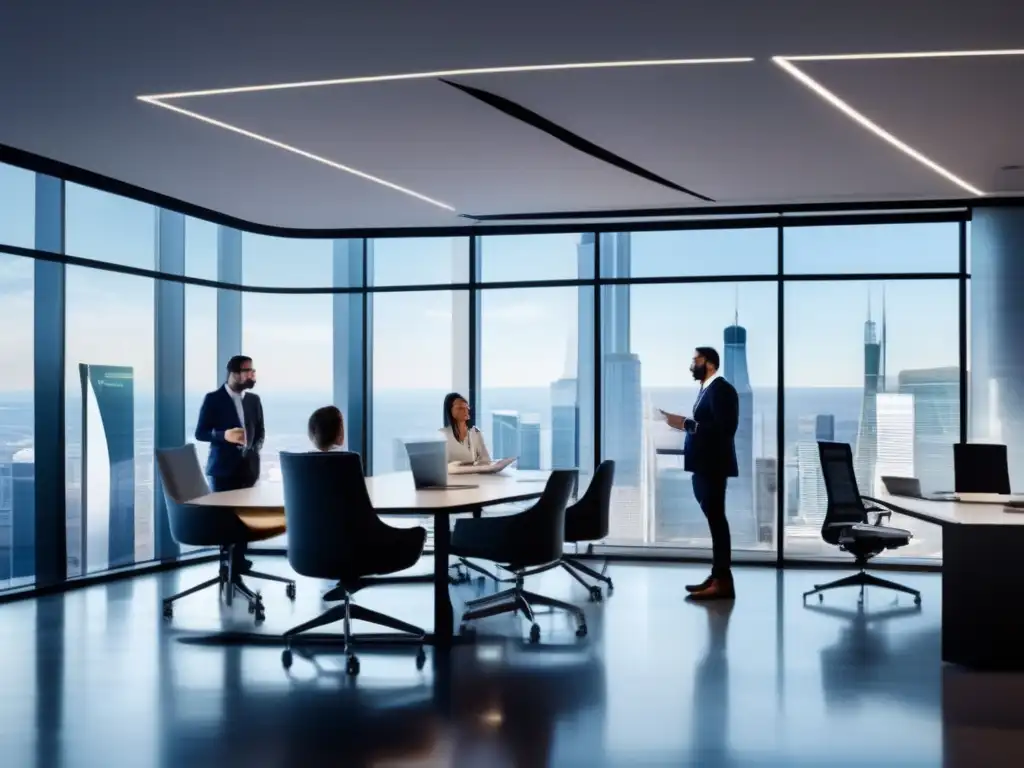 Oficina moderna con vista a la ciudad y profesionales en discusión Estrategia de inversión pasiva en una oficina moderna