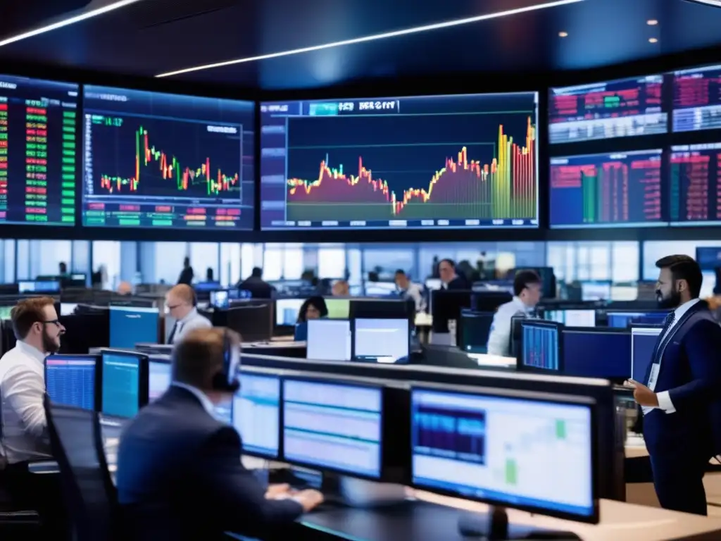 Traders en un piso de trading moderno Estrategia de inversión en swaps: sala de operaciones financiera vibrante y enérgica, traders analizando datos y tomando decisiones estratégicas