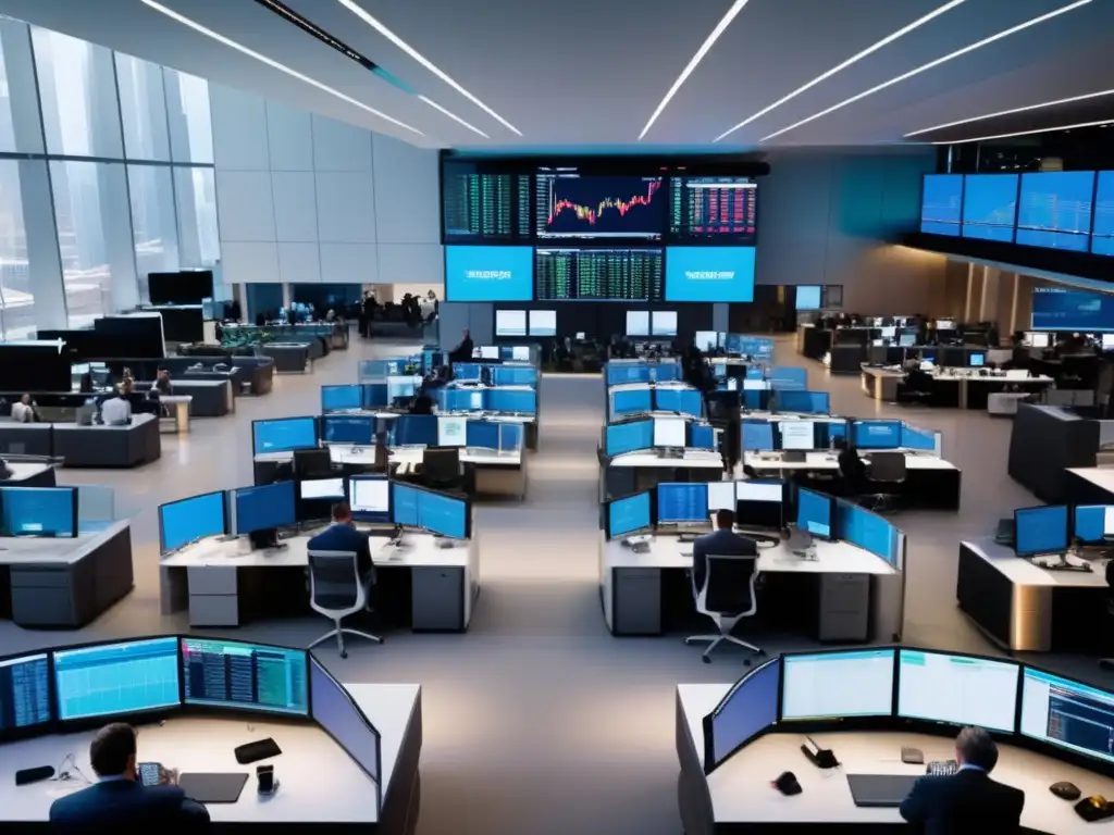 Traders en piso de operaciones de institución financiera moderna Estrategia operadores institucionales TRIN índice - Vista aérea impactante de un bullicioso piso de trading en una institución financiera moderna
