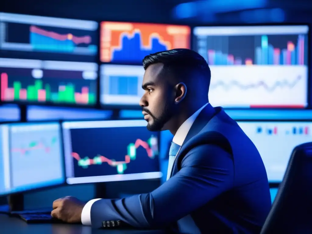 Trader profesional concentrado en pantallas de trading Estrategia de scalping efectiva: trader profesional concentrado en monitores con datos de mercado en tiempo real