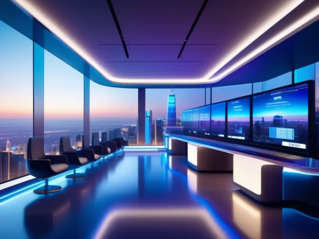 Futuro trading floor: diseño moderno, vista panorámica Estrategia puntos pivote trading: Futuro trading floor con diseño moderno, iluminación suave y vistas panorámicas de la ciudad