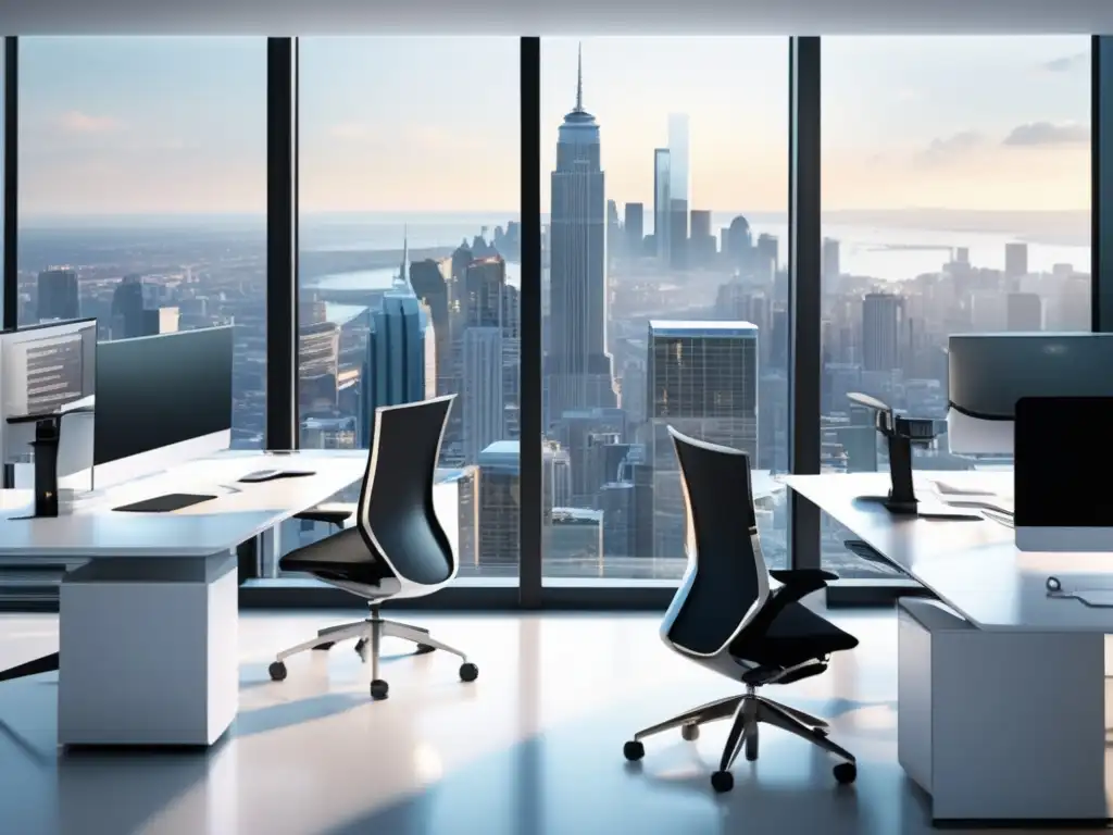 Oficina moderna con vista a la ciudad Estrategia de rebalanceo de cartera en una oficina moderna y luminosa con vista panorámica a la ciudad