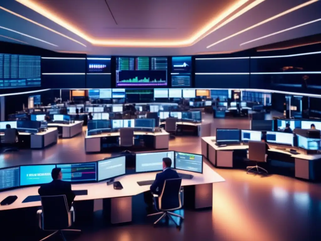 Traders modernos en sala de operaciones Estrategia traders institucionales TRIN índice en moderno trading floor