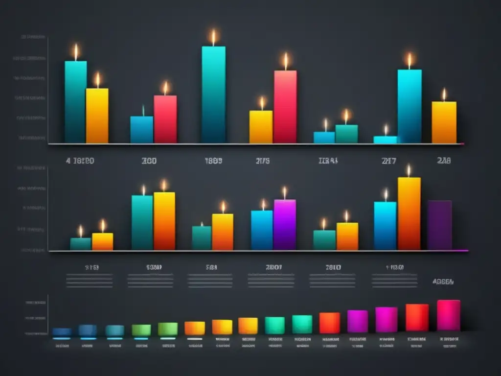 Gráficos de velas detallados: Patrones alcistas y bajistas Estrategias de análisis de gráficos de velas: patrones y colores detallados en una imagen de alta resolución