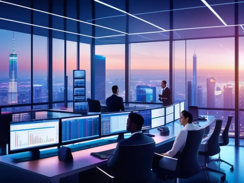 Traders en moderna sala de trading con vista panorámica de ciudad Estrategias de análisis técnico y fundamental en moderna sala de trading con ciudad de fondo