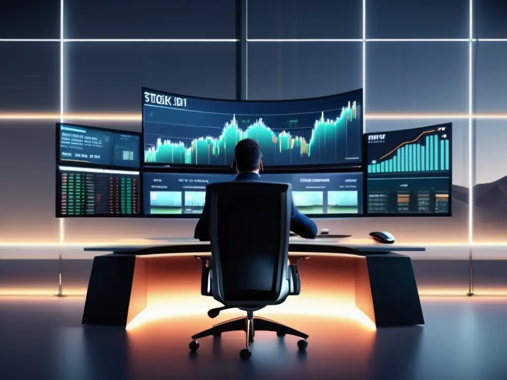 Moderna sala de trading con monitor curvo y tecnología avanzada Estrategias análisis técnico intradía trader en moderno escritorio bursátil 8k -