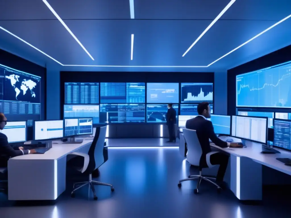 Trading floor futurista con tecnología avanzada Estrategias análisis técnico y gestión riesgo en sala futurista de trading con pantallas y traders