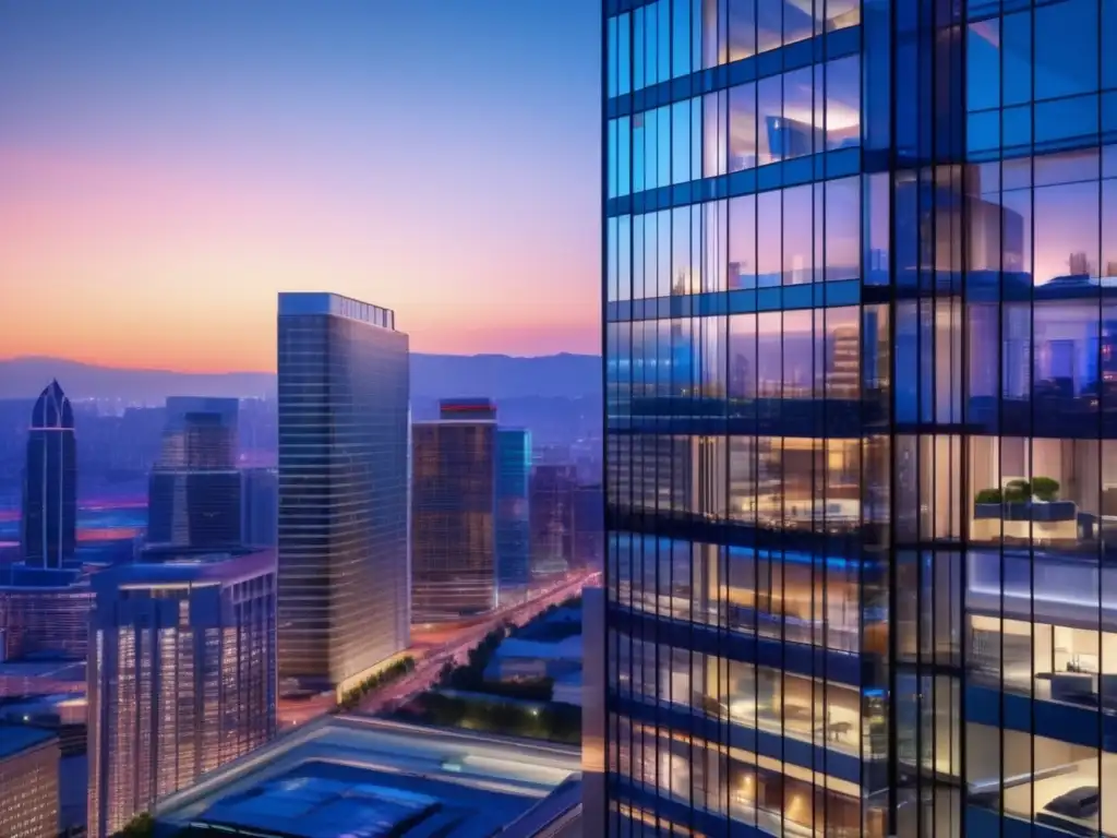 Edificio comercial moderno en ciudad vibrante Estrategias de arrendamiento de propiedades comerciales en un moderno edificio comercial rodeado de una ciudad vibrante al atardecer