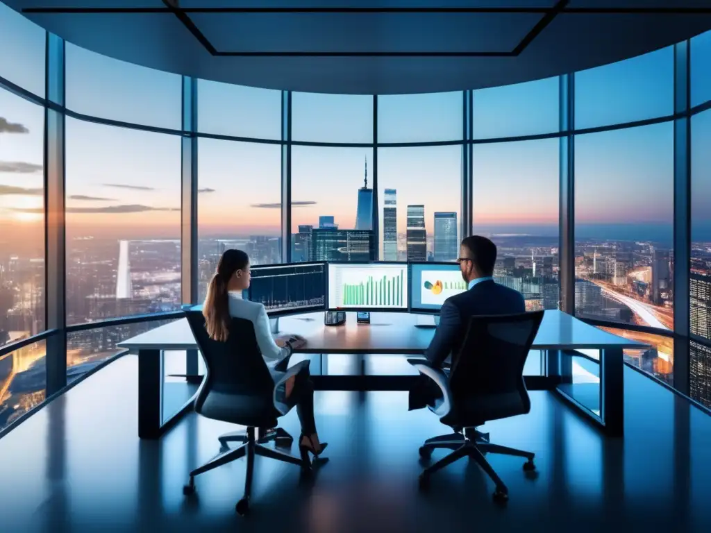 Oficina moderna con vista panorámica de la ciudad Estrategias avanzadas de ETFs y Fondos Mutuos en moderna oficina con vista panorámica de ciudad