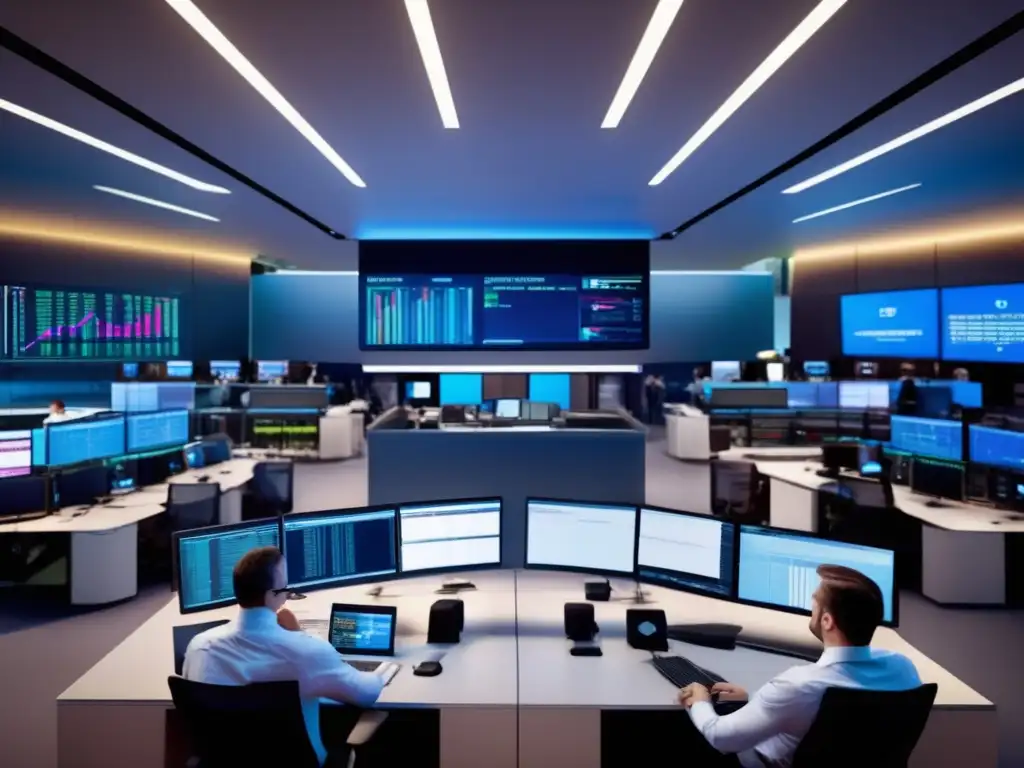 Traders en un piso de trading moderno Estrategias avanzadas de inversión en derivados en un moderno piso de trading