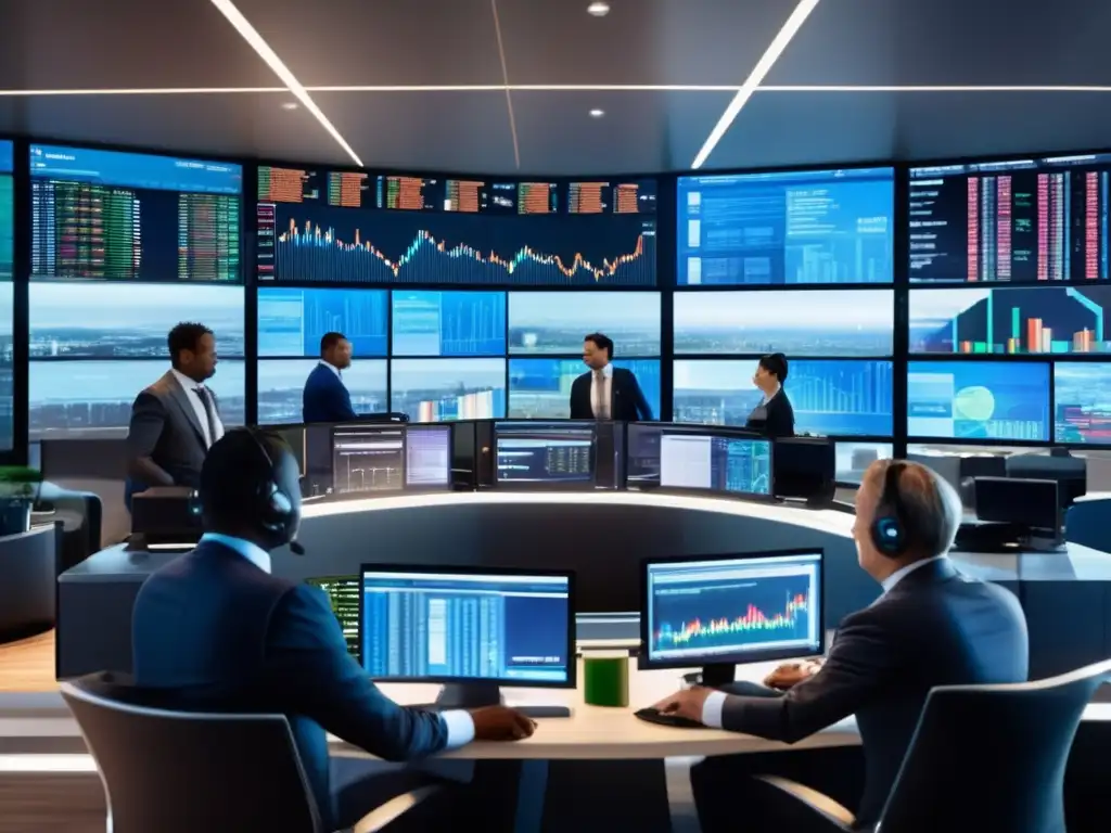 Traders en sala de operaciones Estrategias avanzadas de inversión en derivados: trading floor moderno con traders, pantallas de datos y discusiones intensas