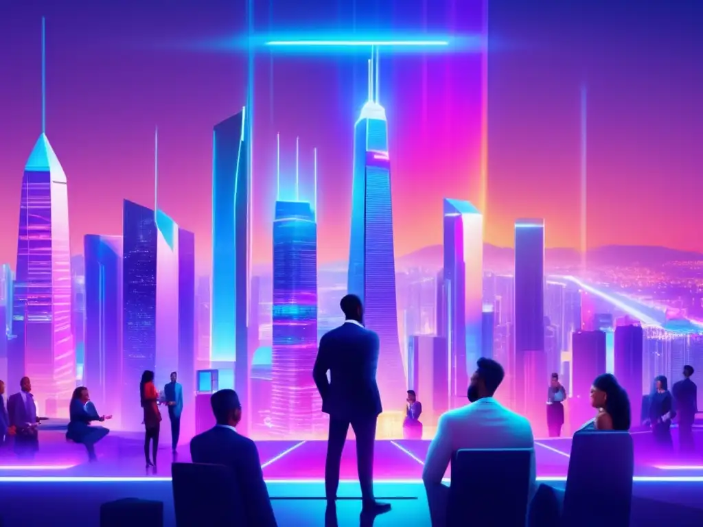 Estrategias avanzadas de inversión en Blockchain: ciudad futurista con rascacielos, tecnología avanzada y colaboración