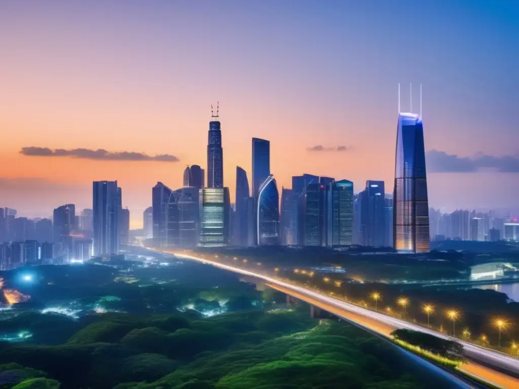Skyline urbano iluminado con rascacielos modernos Estrategias avanzadas para invertir en propiedades - Ciudad moderna y vibrante con rascacielos iluminados y mercado inmobiliario dinámico