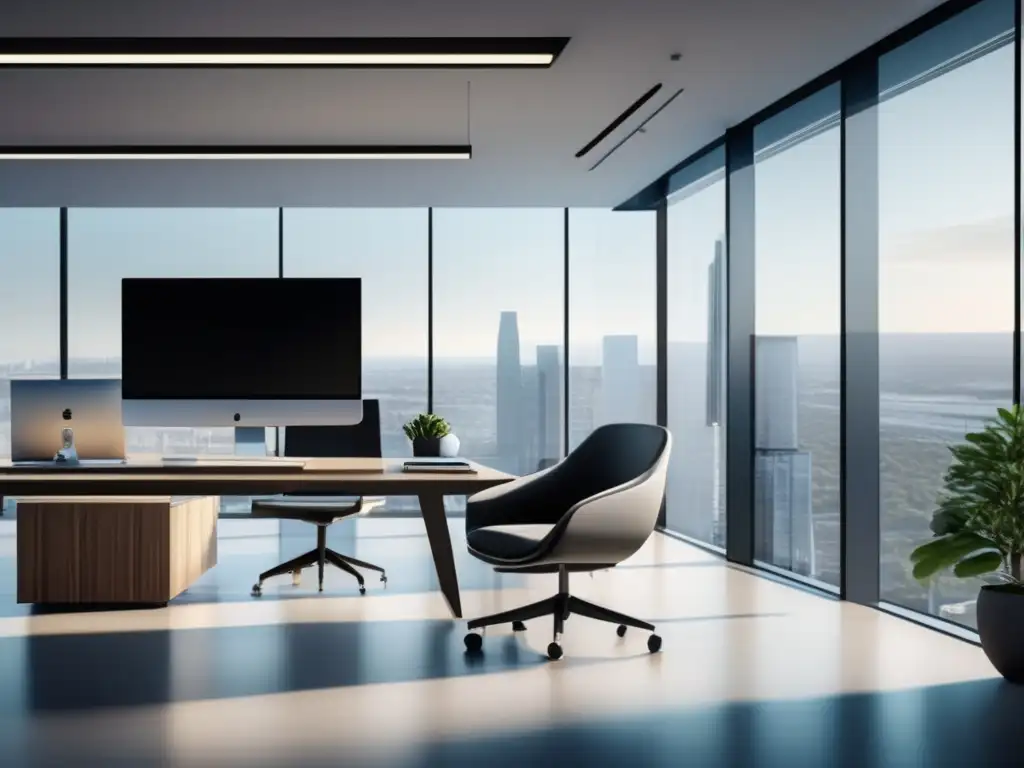 Oficina moderna y elegante con inversionista Estrategias avanzadas para invertir en propiedades: oficina moderna, inversor analizando mercado inmobiliario, libros de estrategias