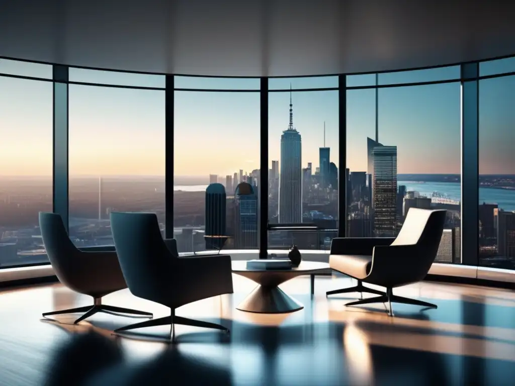 Oficina financiera moderna con vista a la ciudad Estrategias superar aversión pérdida inversiones - Moderna oficina financiera con amplios ventanales y vista a la ciudad