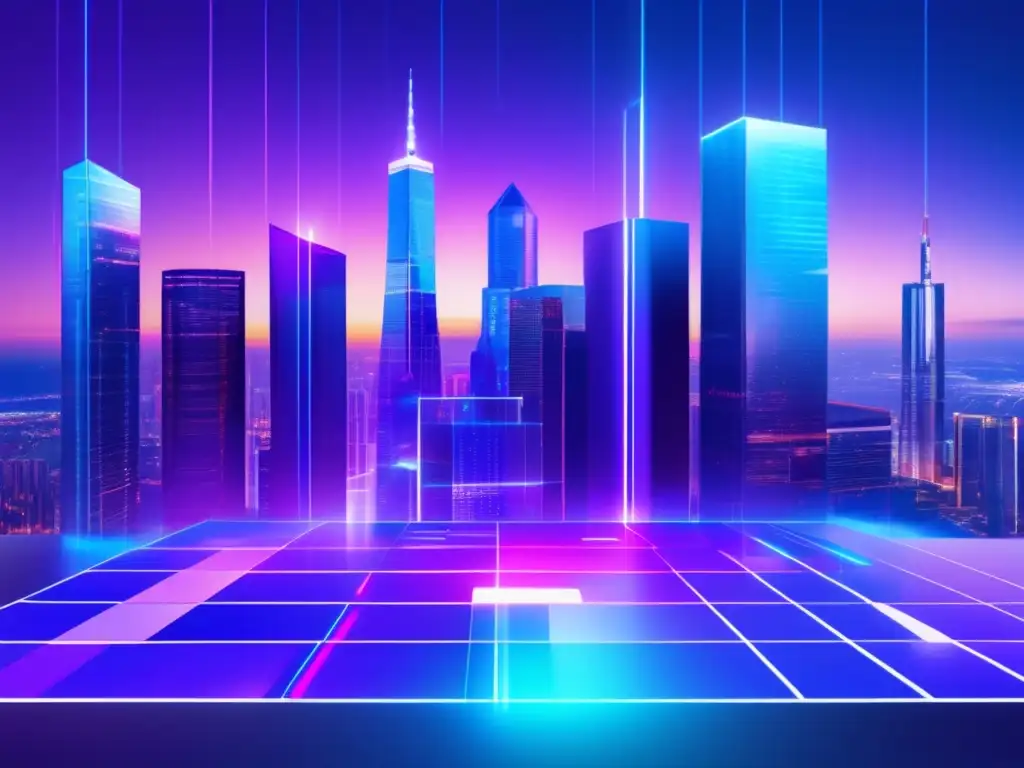 Futuro de diversificación con blockchain Estrategias de diversificación con blockchain - Imagen de ciudad futurista con gráficos holográficos y nodos de blockchain