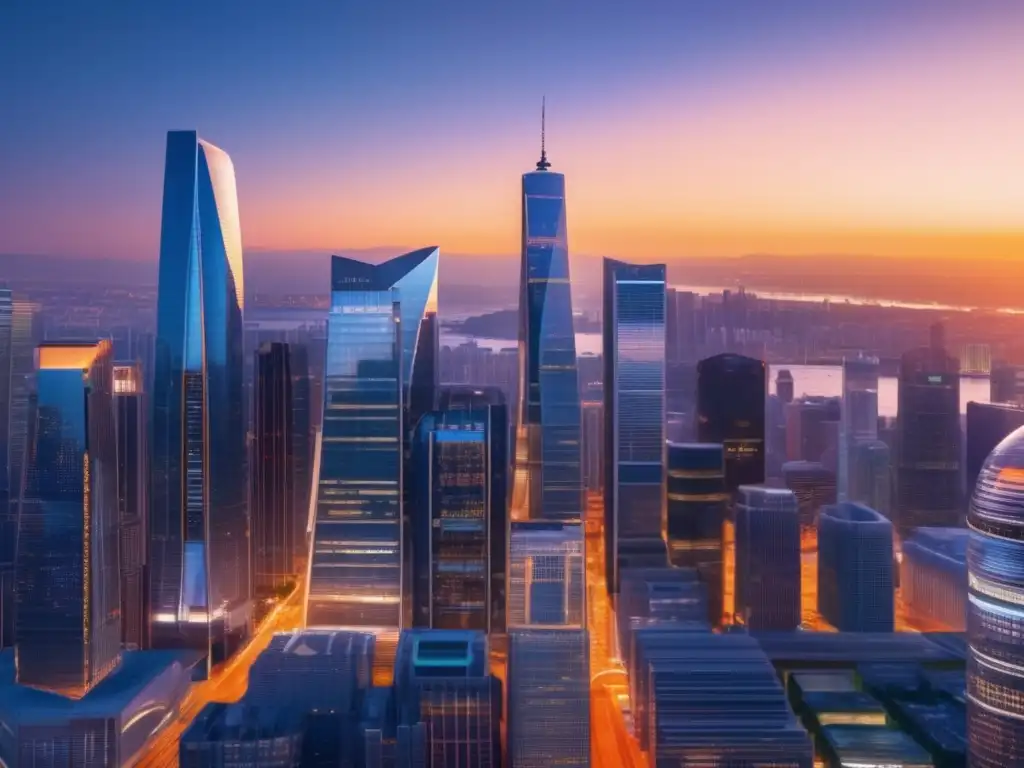 Ciudad financiera al atardecer Estrategias inversión Brexit ondas choque: ciudad financiera con rascacielos de cristal, gente ocupada y energía palpable