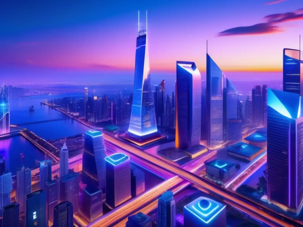 Futurista ciudad con rascacielos y tecnología Estrategias de diversificación en FinTech en una ciudad futurista con rascacielos, autos autónomos y tecnología global